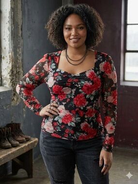 Black Red Floral Mesh Ruched Sweetheart Top XXL Whimsigoth Cottagecore